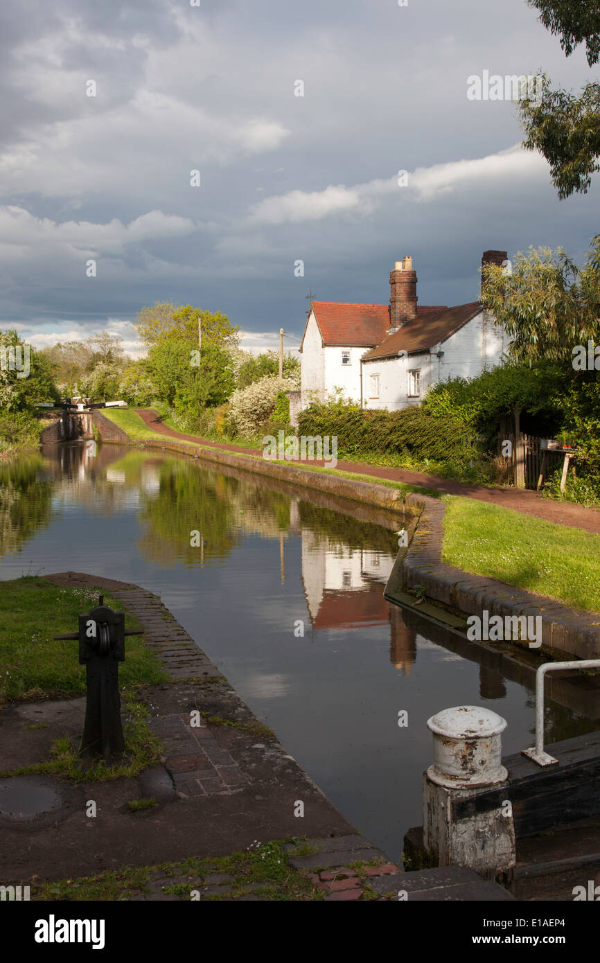 Waterway reflections on the Worcester and Birmingham Canal near Tardebigge, Worcestershire, England, UK Stock Photo