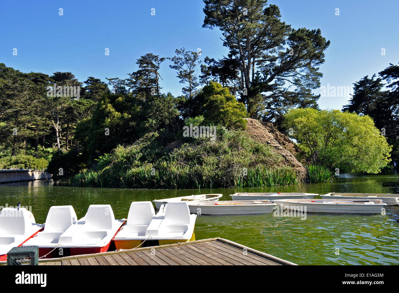 Stow Lake, rowboats paddle boats, Golden Gate Park San Francisco Stock