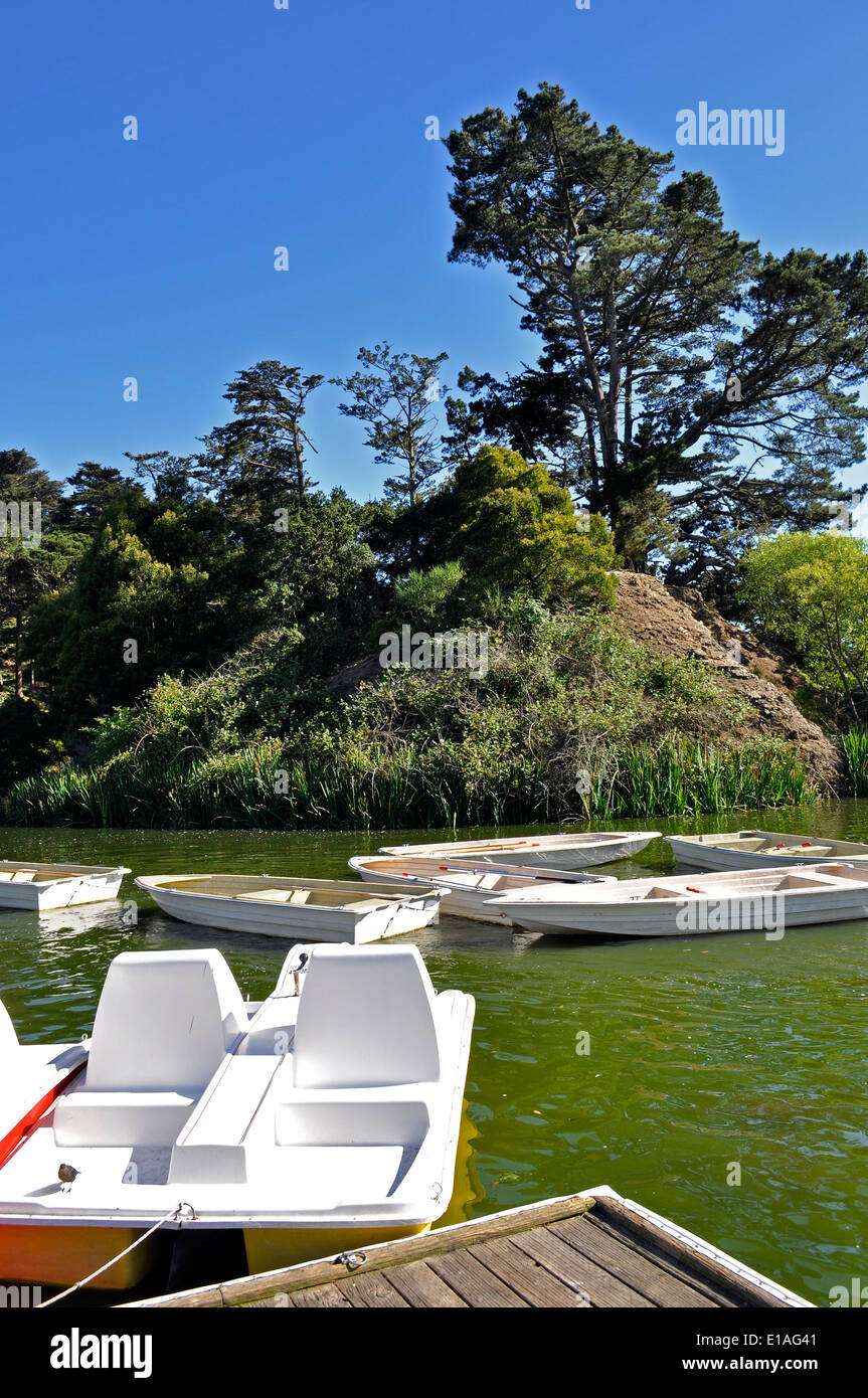 Stow Lake, rowboats paddle boats, Golden Gate Park San Francisco Stock Photo