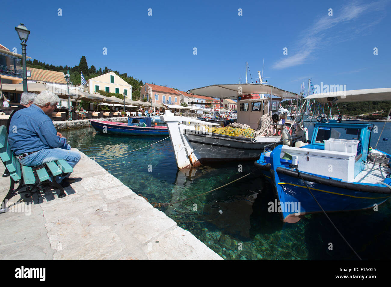 Village of Fiskardo, Kefalonia. Picturesque view of Greek fishing boats