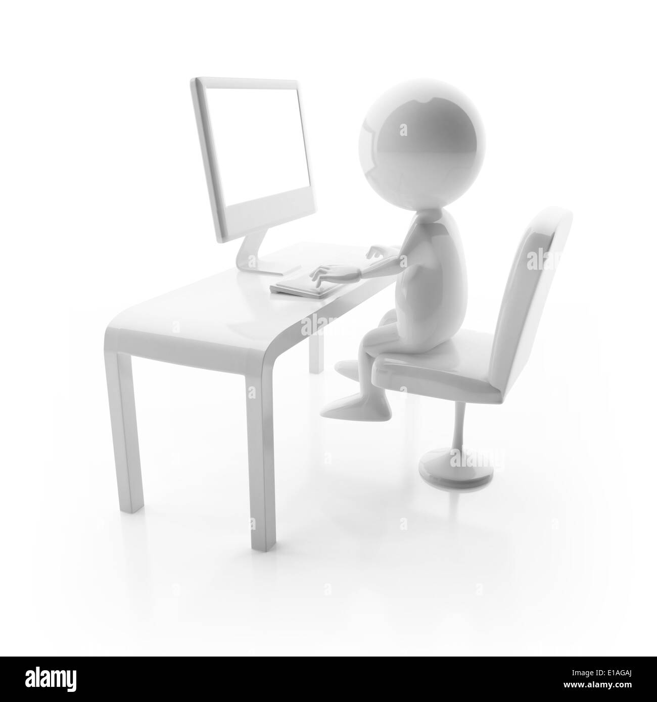 3D cute character working on computer Stock Photo