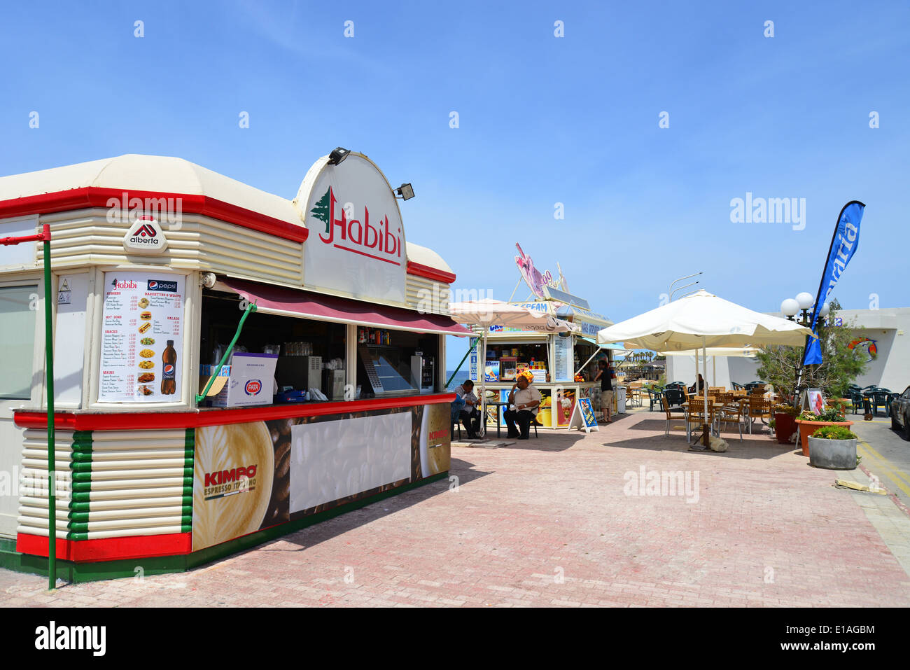 Seafront fast food kiosks, Buġibba, Saint Paul's Bay (San Pawl il-Baħar), Northern District, Republic of Malta Stock Photo