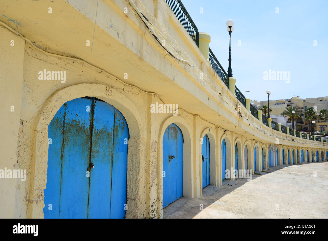 Seafront lock-ups, Buġibba, Saint Paul's Bay (San Pawl il-Baħar), Northern District, Republic of Malta Stock Photo