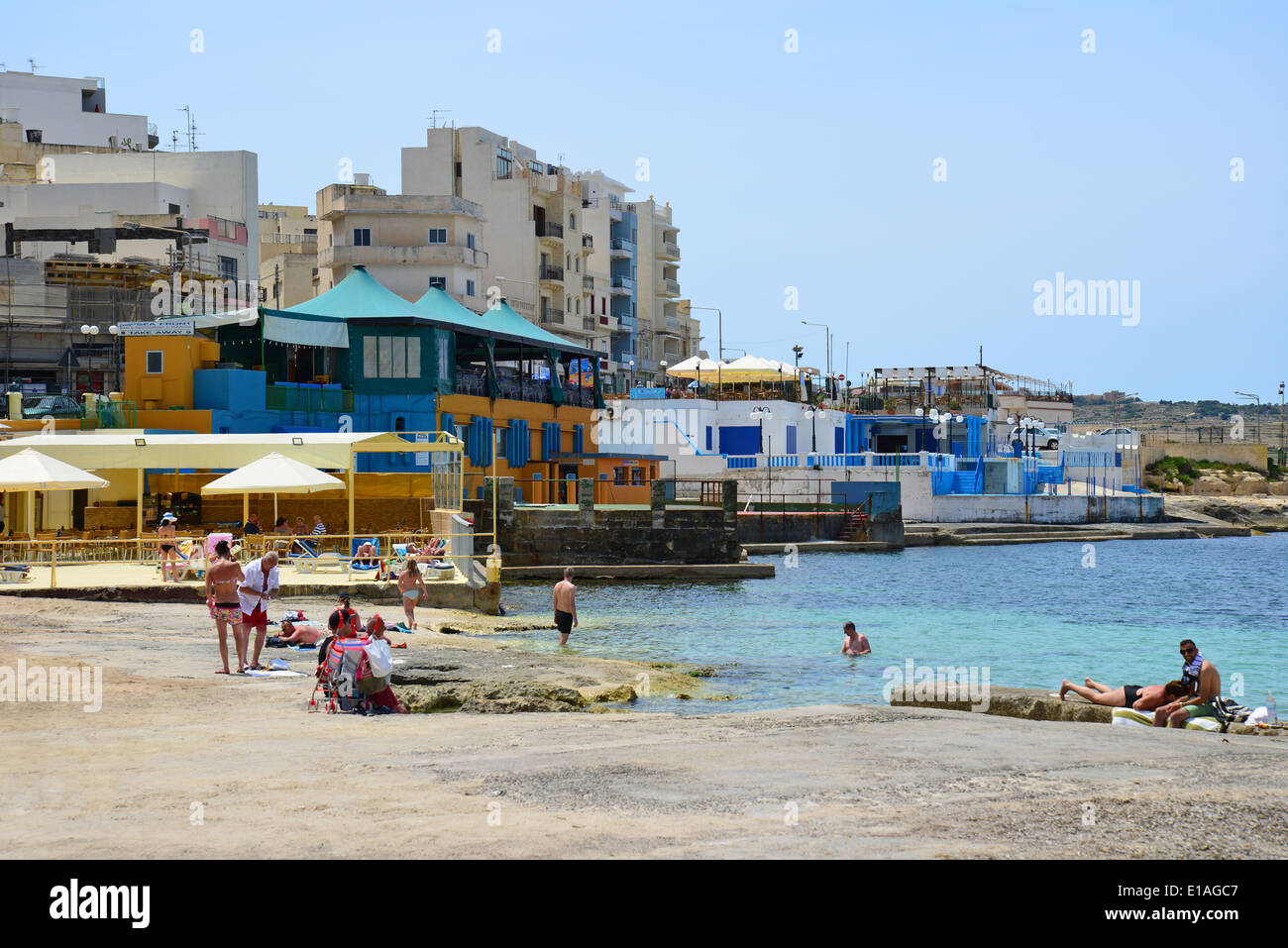 Seafront beach, Buġibba, Saint Paul's Bay (San Pawl il-Baħar), Northern District, Republic of Malta Stock Photo