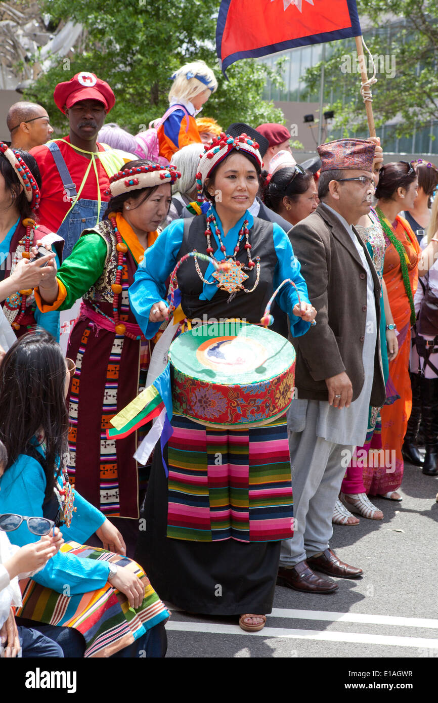Indigenous Taiwanese playing drum at Asian cultural festival - USA Stock Photo