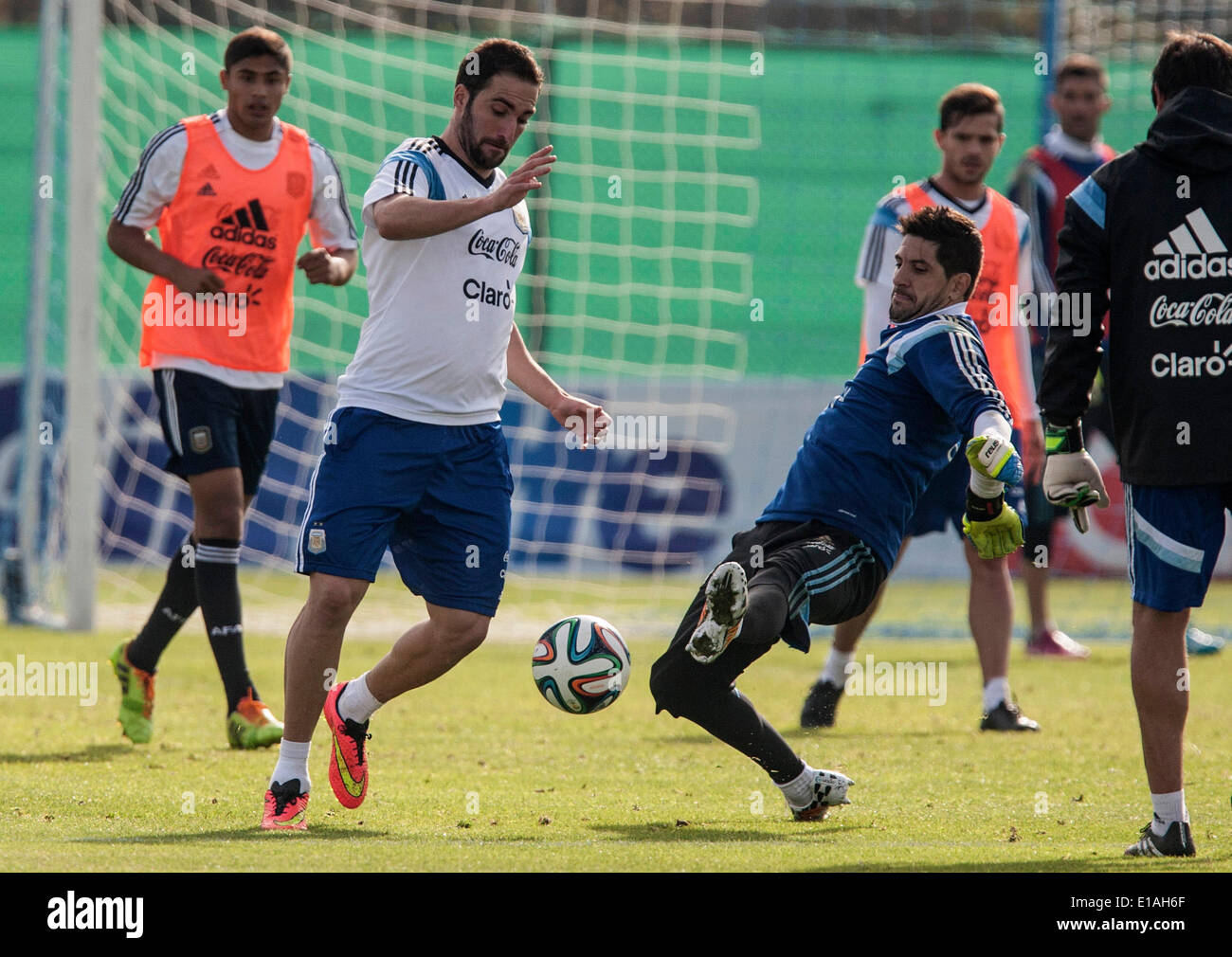 Ezeiza. 28th May, 2014. Gonzalo Higuain (L Front) and goalkeeper Agustin Orion (2nd R Front) participate in a training session in Ezeiza City May 28, 2014. Argentina will face Trinidad and Tobago and Slovenia in friendly matches prior to the FIFA World Cup Brazil 2014, to be held from June 12 to July 13. © Martin Zabala/Xinhua/Alamy Live News Stock Photo
