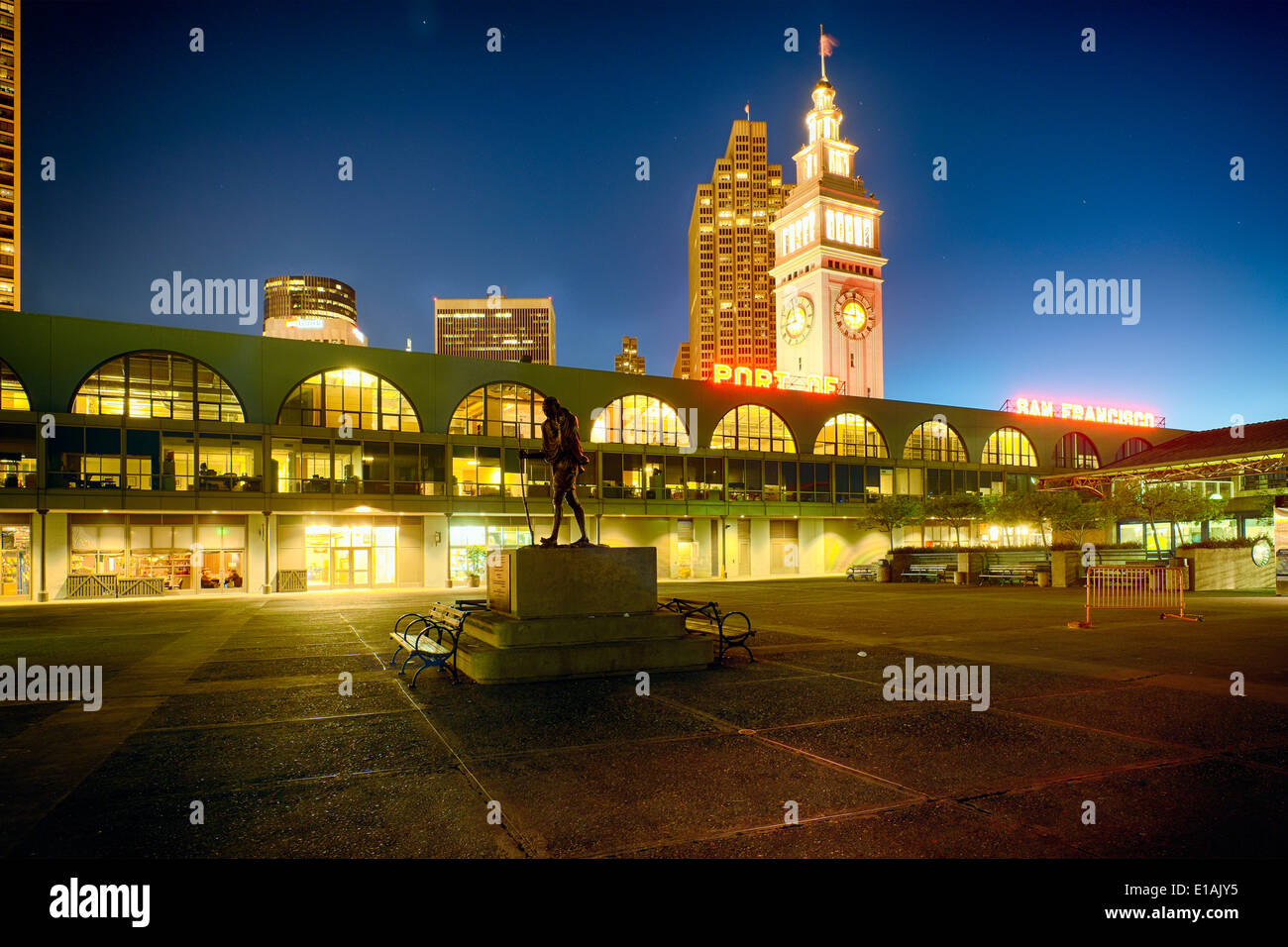 Low Angle View of the Ferry Building Clock Tower and Marketplace Building at Night, San Francisco, California Stock Photo
