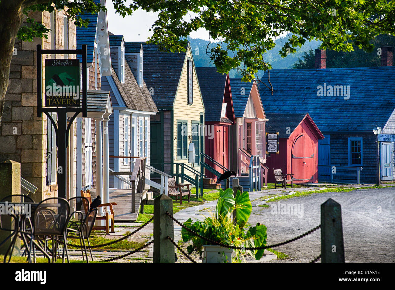 Colorful Historic Houses of a Seafaring Village, Mystic Seaport, Connecticut Stock Photo