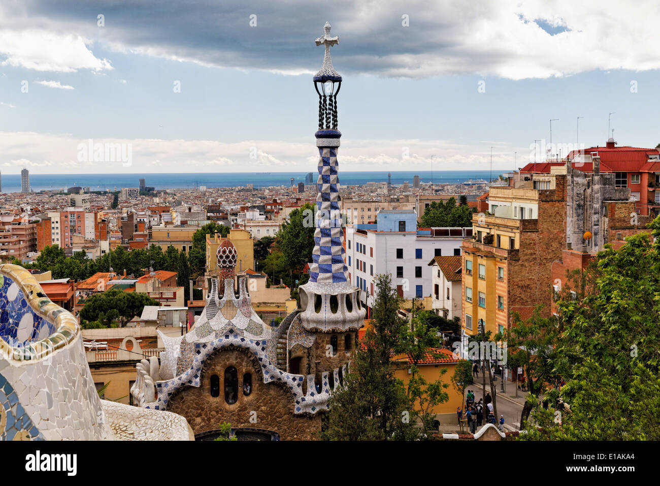 High Angle View of the Gatehouse with White and Blue Tower, Park Guell, Barcelona, Catalonia, Spain Stock Photo