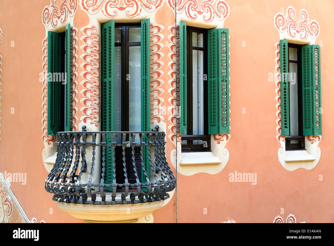 Exterior of Gaudí House Museum with a Balcony and Windows, Park Guell, Barcelona, Catalonia, Spain Stock Photo