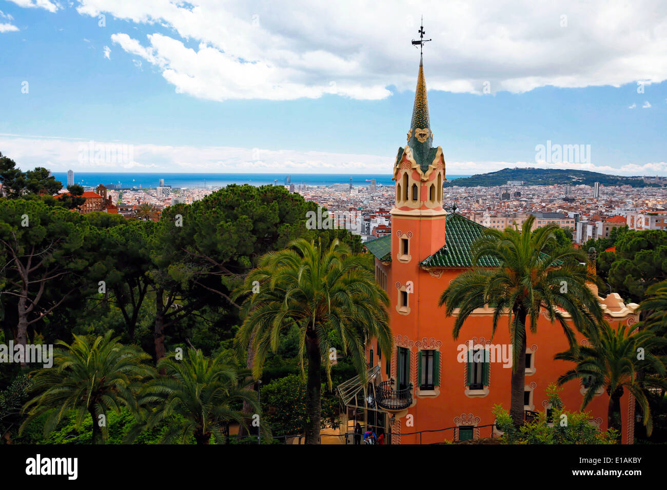 High Angle View of the Gaudí House Museum, Park Guell, Barcelona, Catalonia, Spain Stock Photo