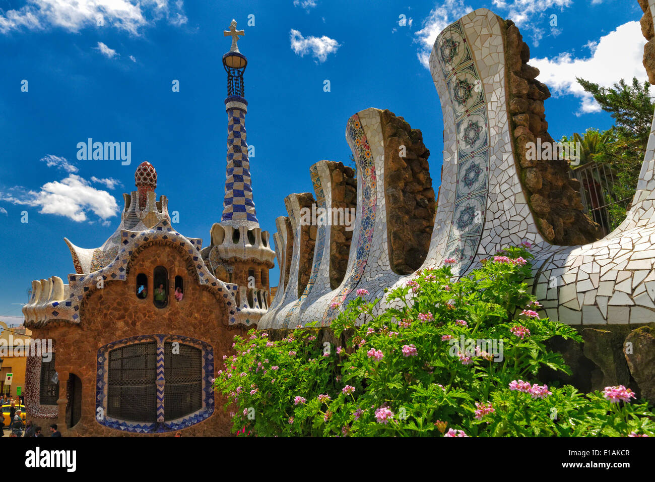 Entrance Pavilion View at Park Guell Designed bu Antoni Gaudi, Barcelona, Catalonia, Spain Stock Photo