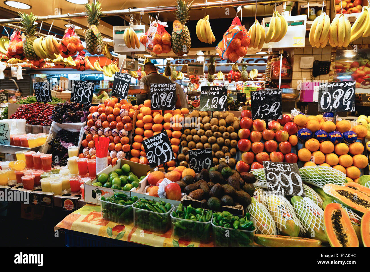 Fruits and vegetables for sale at La Boqueria Market, Barcelona