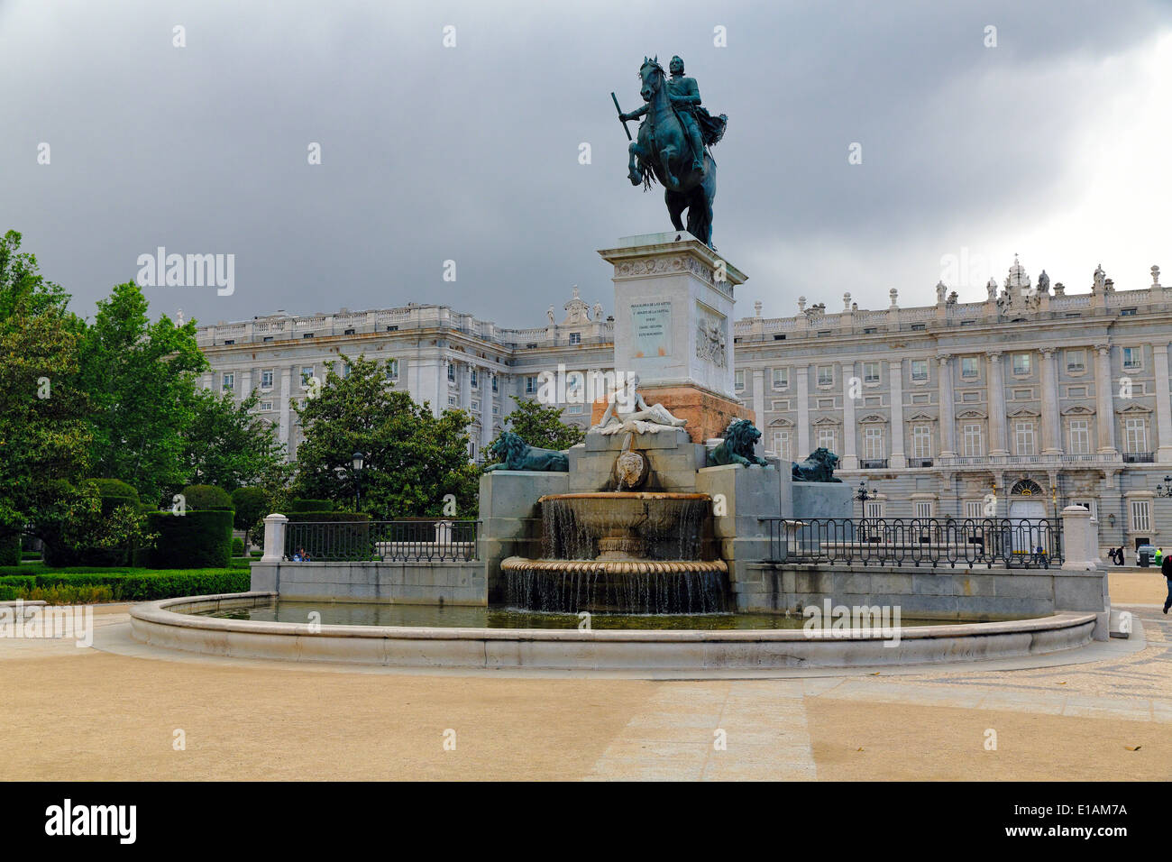 Low Angle View of the Equestrian Statue of King Philip IV, Plaza de Oriente, Madrid, Spain Stock Photo