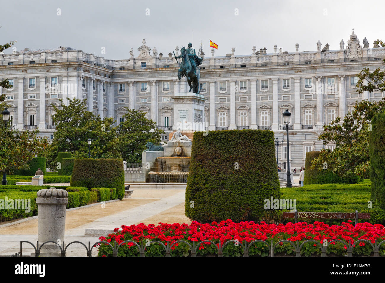 Park with the Equestrian Statue of King Philip IV, Plaza de Oriente, Madrid, Spain Stock Photo