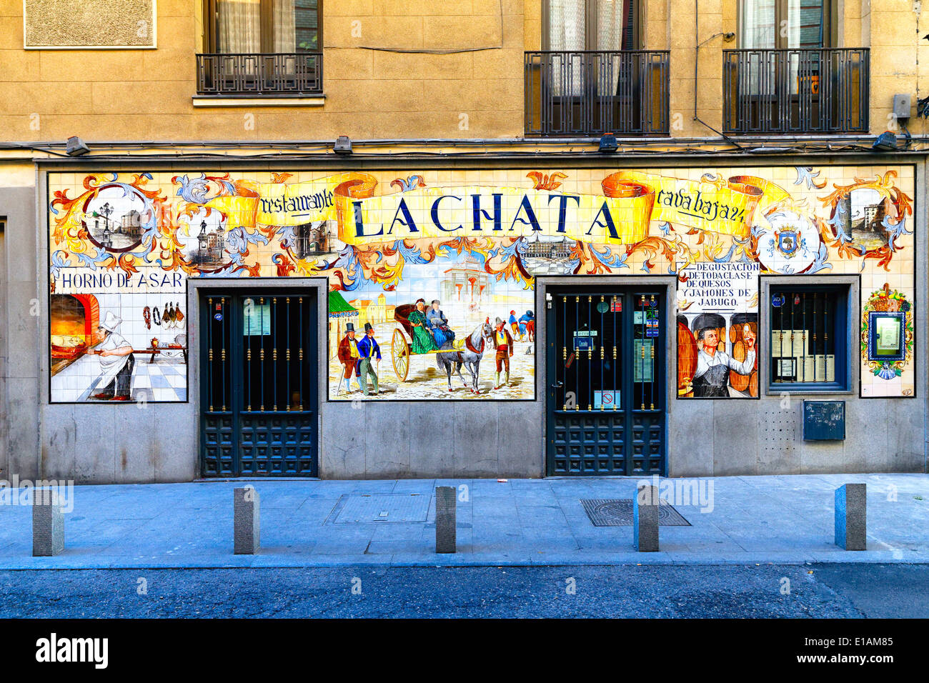 Entrance View of a Tapas Restaurant La Chata with Ornamental Tile Facade, Madrid, Spain Stock Photo