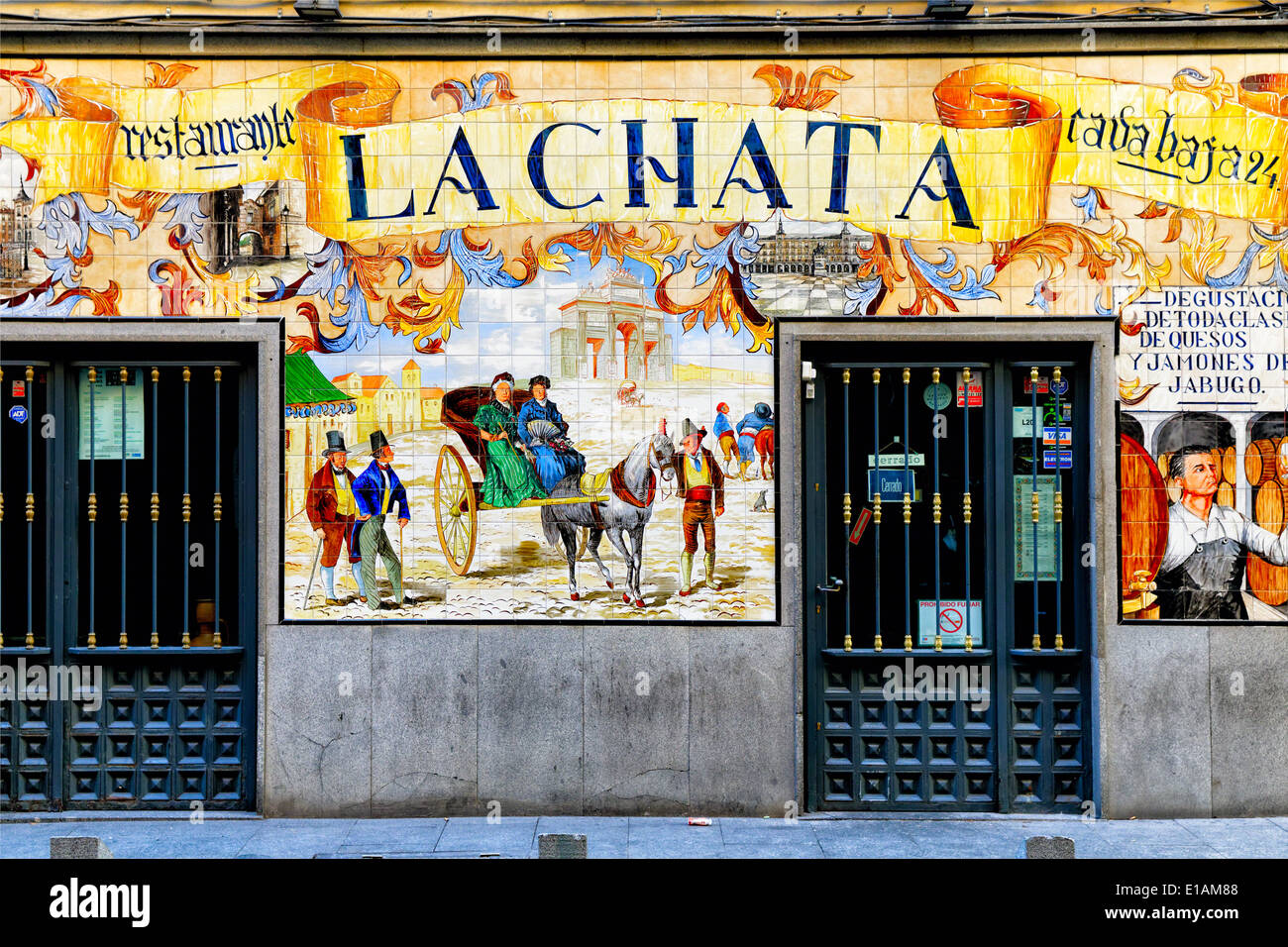 Entrance view of a Tapas Restaurant La Chata with Ornamental Tile Facade, Madrid, Spain Stock Photo