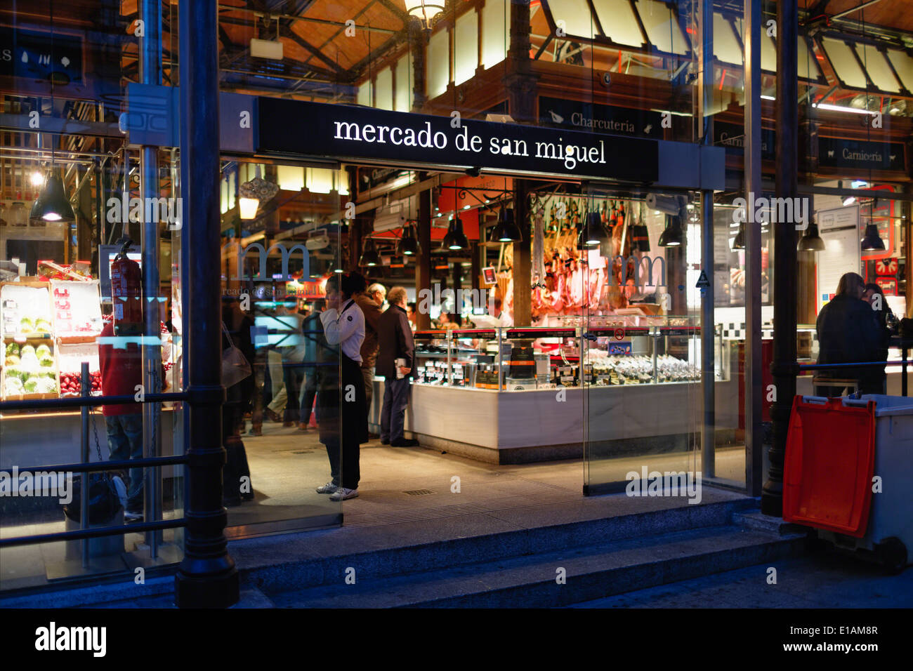 Entrance View of the San Miguel Market at Night, Madrid, Spain Stock Photo
