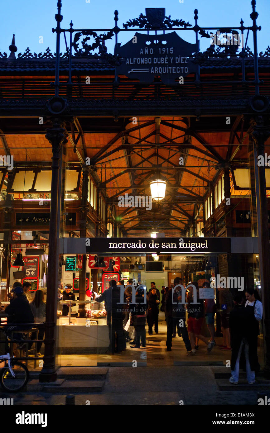 Entrance View of the Historic San Miguel, Market at Night, Madrid, Spain Stock Photo