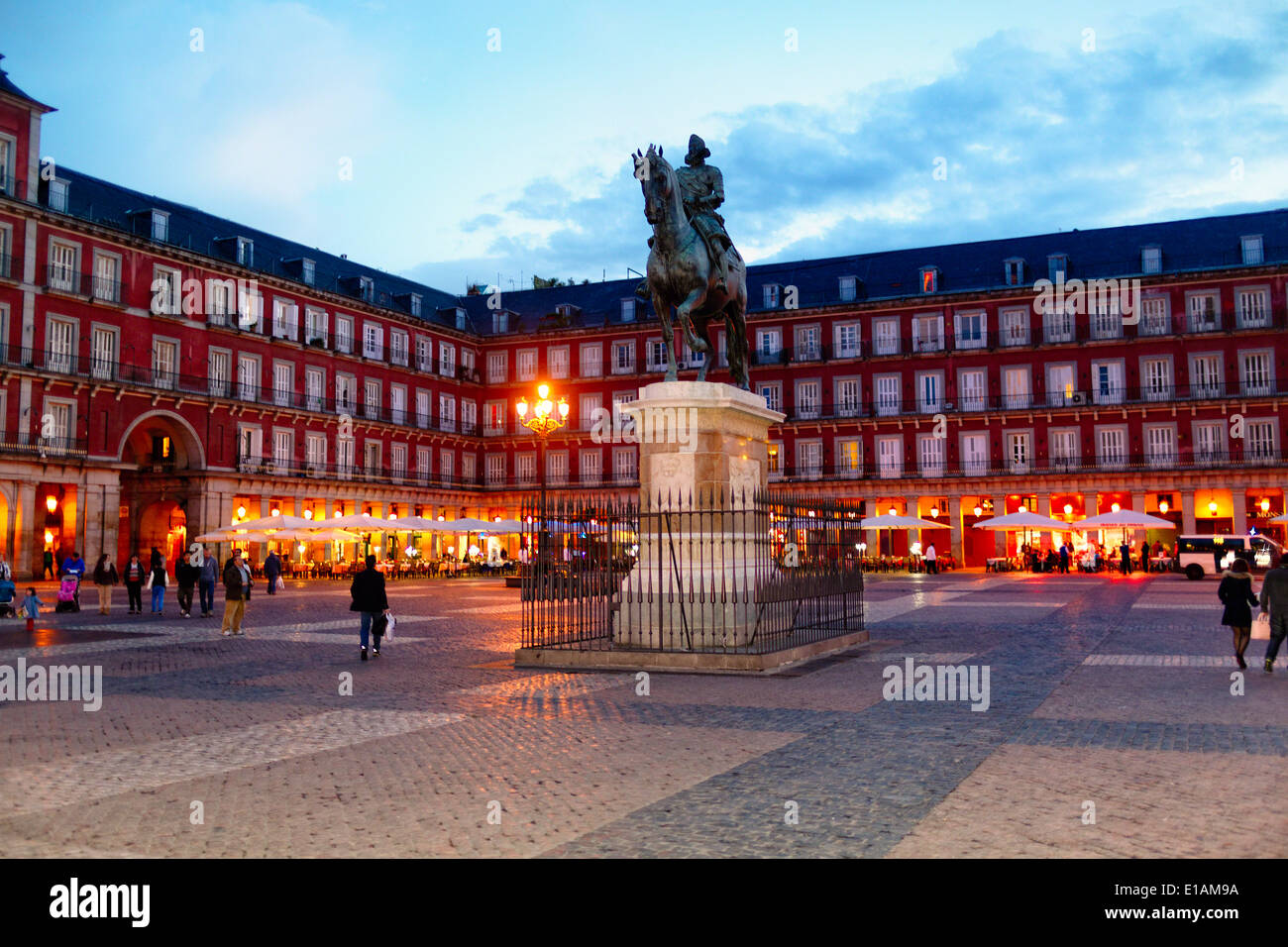 Low Angle View of the Equestrian Statue of King Philip III on Plaza Mayor at Night, Madrid, Spain Stock Photo