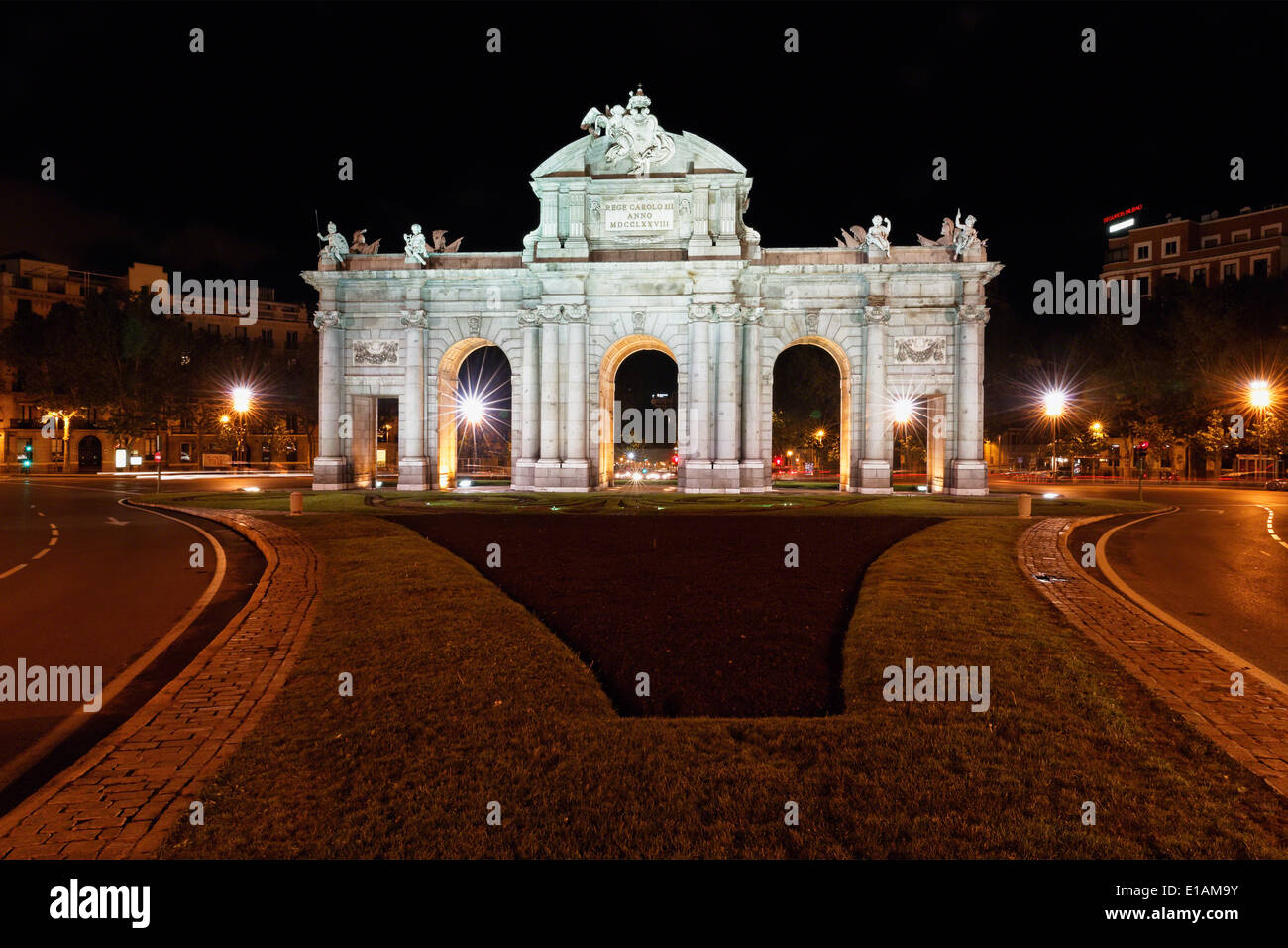 Alcala Gate ( Puerta de Alcalá) at Night, Independence Square, Madrid, Spain Stock Photo