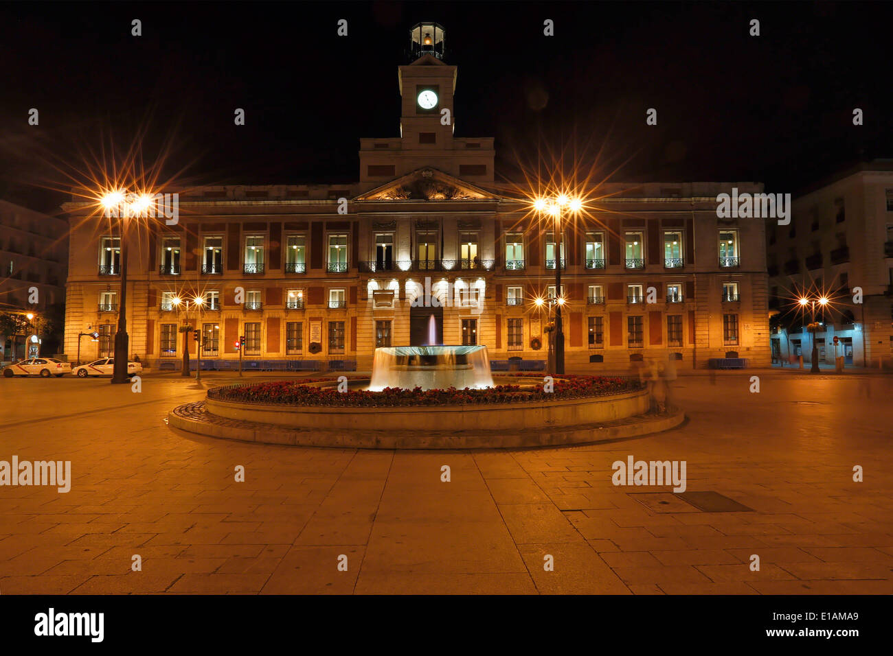 Night View of the Old Post Office , now Government Building, Plaza Puerta del Sol, Madrid, Spain Stock Photo