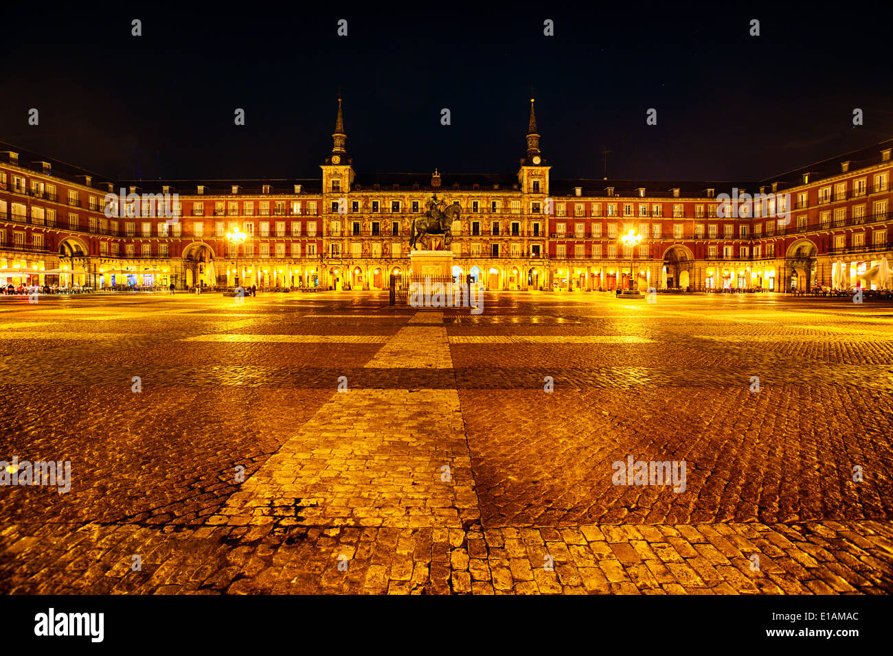 Low Angle View of the Plaza Mayor at Night, Madrid, Spain Stock Photo