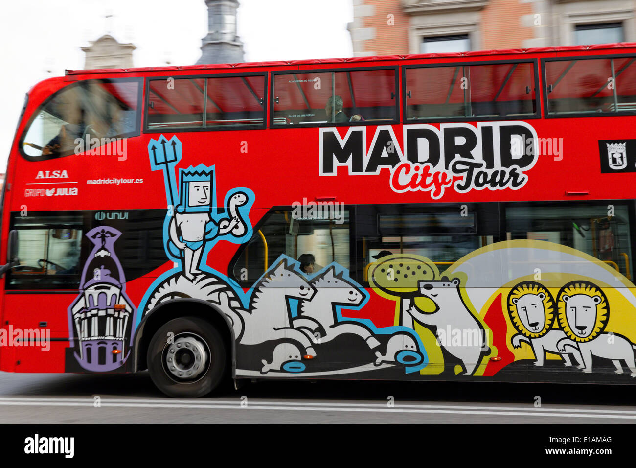 Close Up View of a Sightseeing Bus in Motion, Madrid, Spain Stock Photo