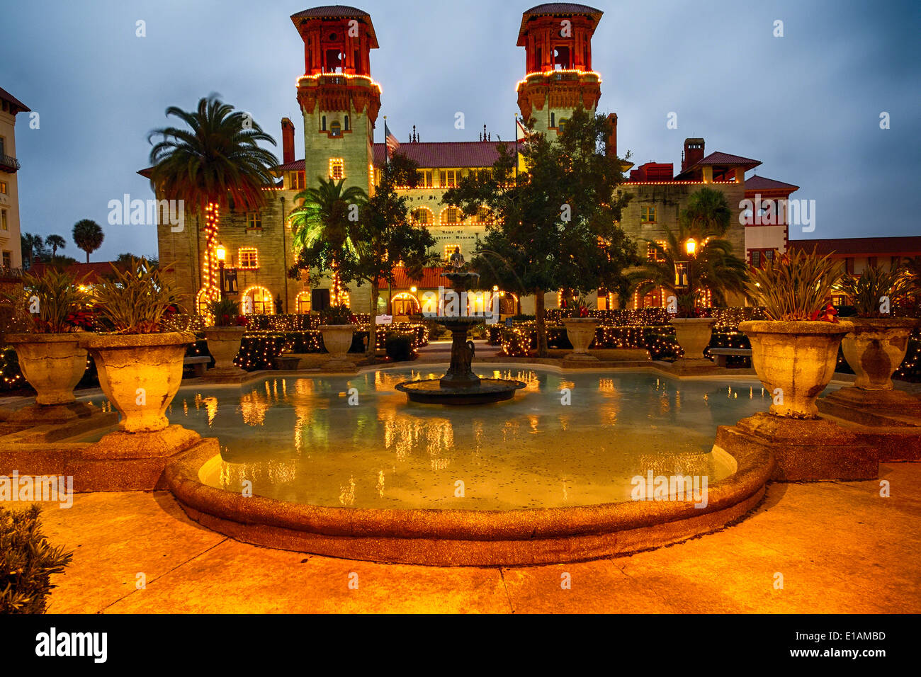 Low Angle View of the St Augustine Town Hall and Lightner Museum, at Night, Florida Stock Photo