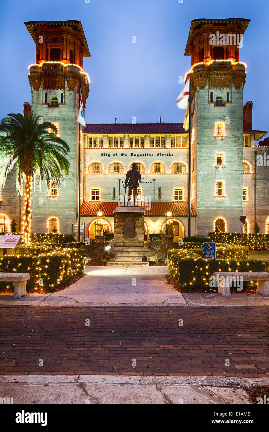 Evening View of the St Augustine Town Hall and Lightner Museum with Ponce De Leon' Statue in Front, Florida Stock Photo