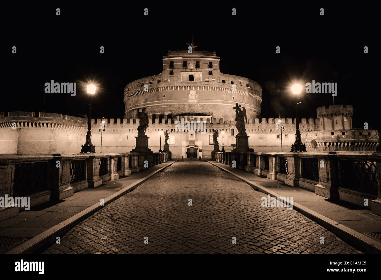 Low Angle Nighttime View of the Castle of the Holy Angel, Rome, Lazio, Italy Stock Photo