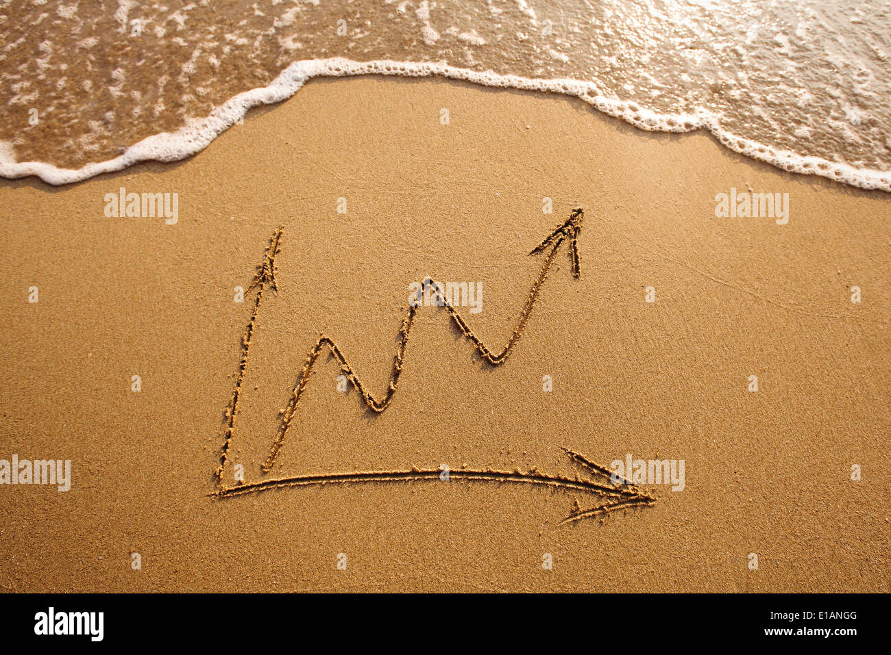 growth in business, chart drawn on the sand Stock Photo