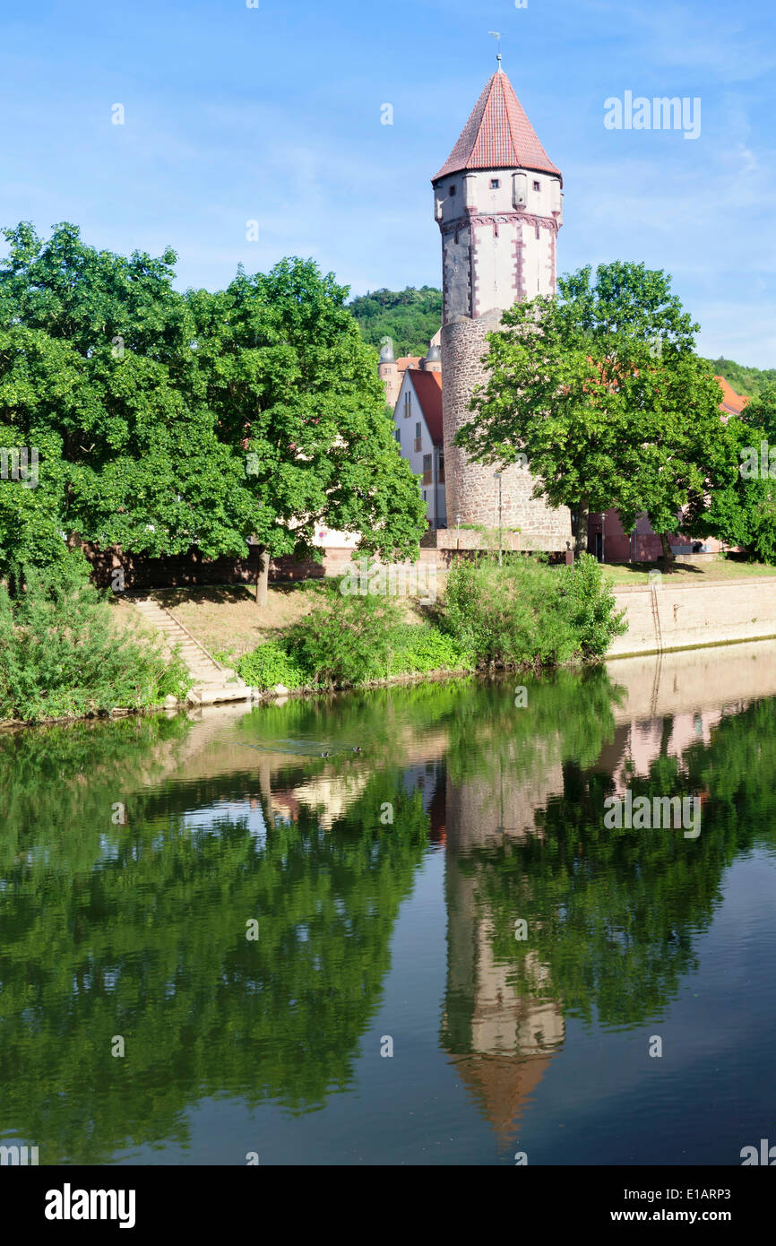 Spitzer Turm tower on the Tauber river, Wertheim, Baden-Württemberg, Germany Stock Photo