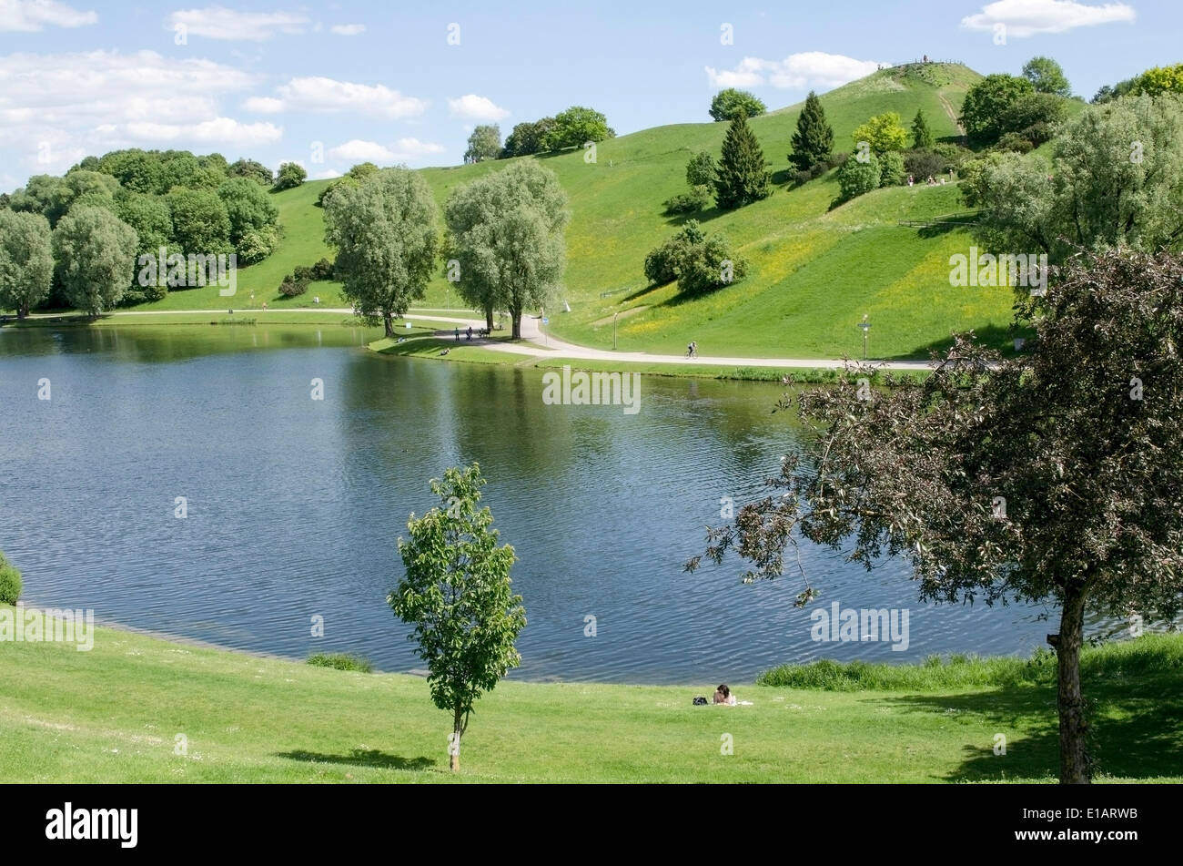 Olympic Park with Olympic Mountain and Olympic Lake, Munich, Bavaria, Germany Stock Photo