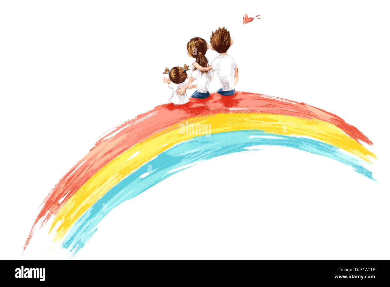 Happy family sitting on rainbow Stock Photo