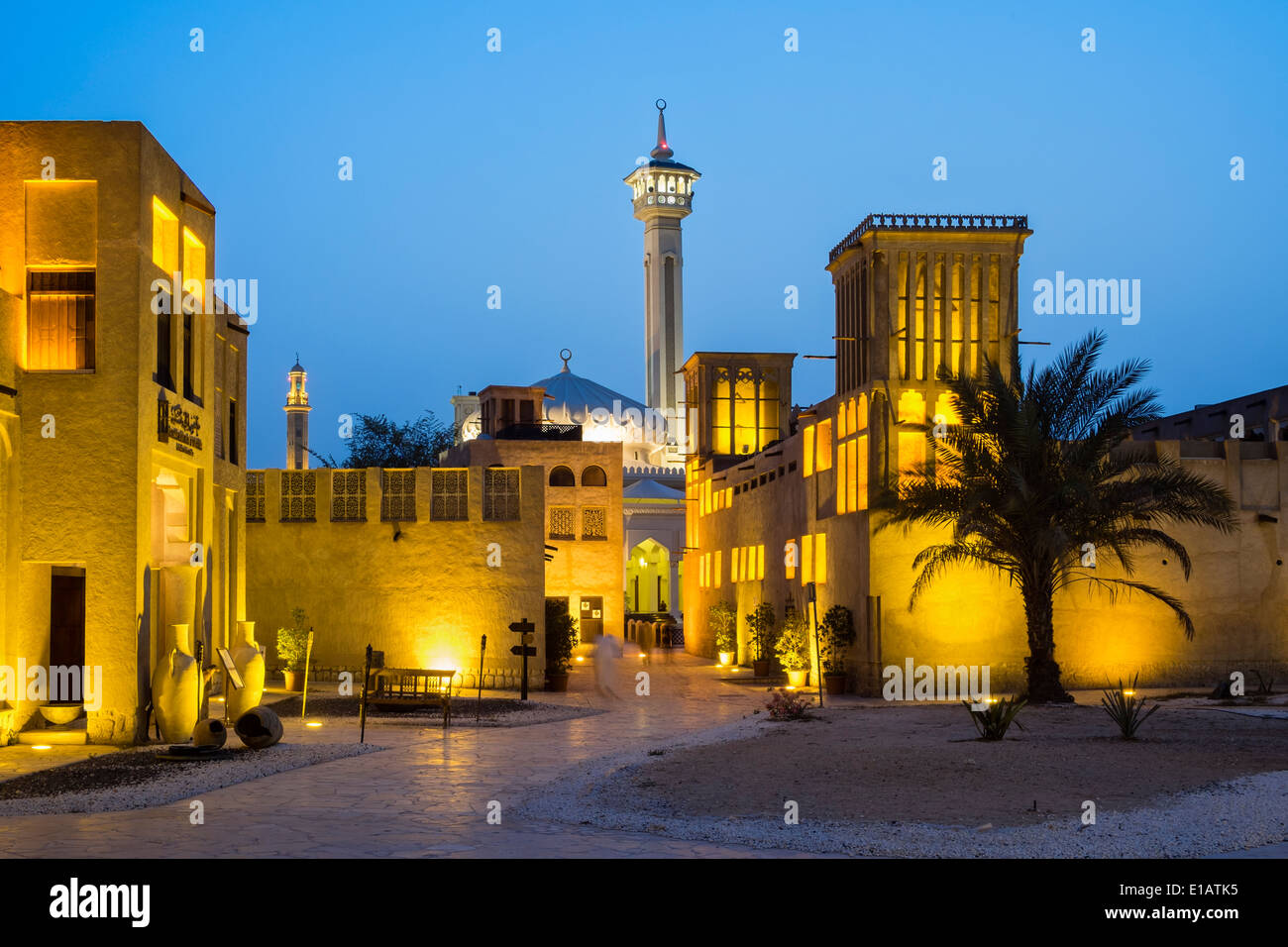 historic Bastakiya quarter at night in Dubai United Arab Emirates Stock Photo
