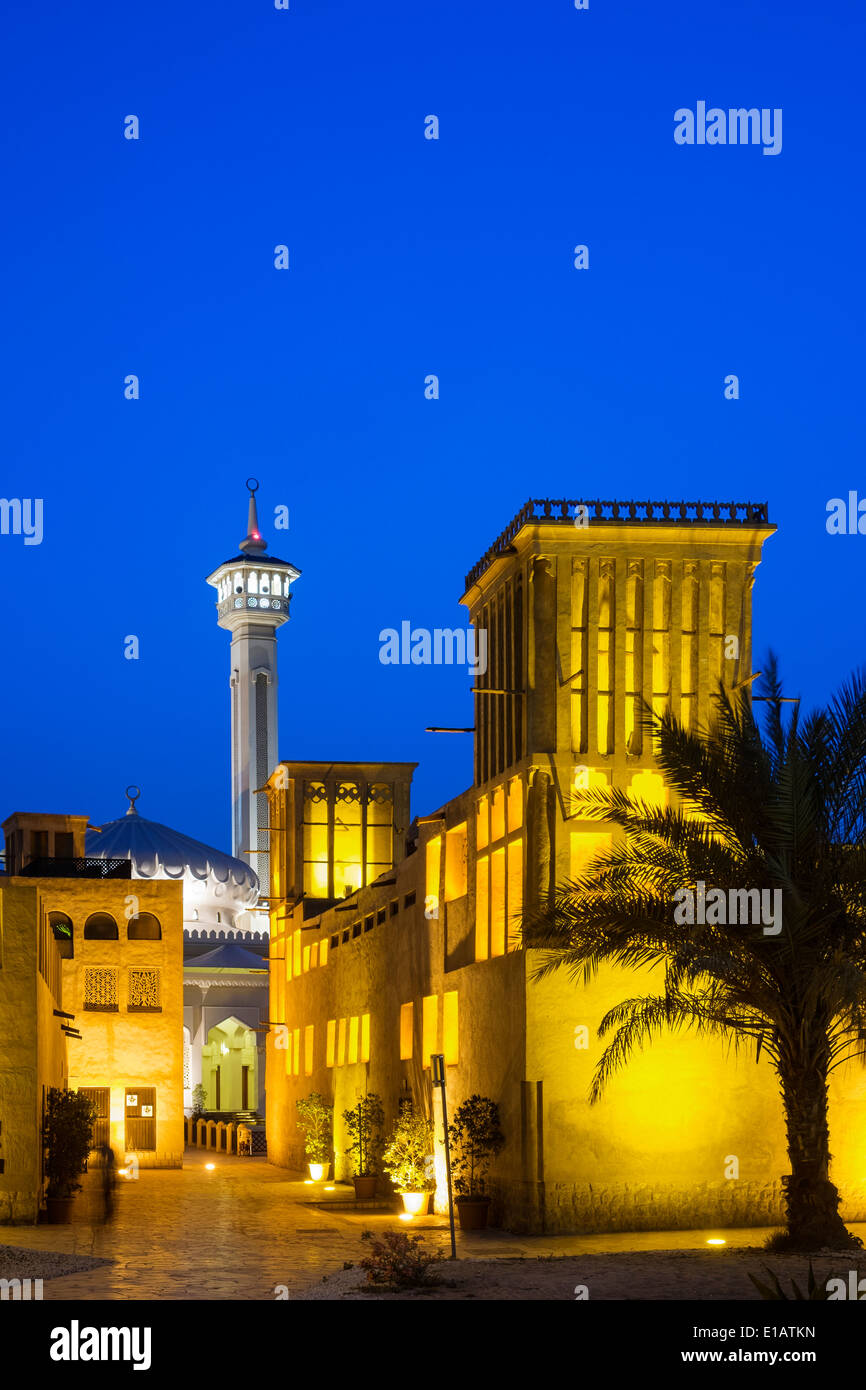 historic Bastakiya quarter at night in Dubai United Arab Emirates Stock Photo