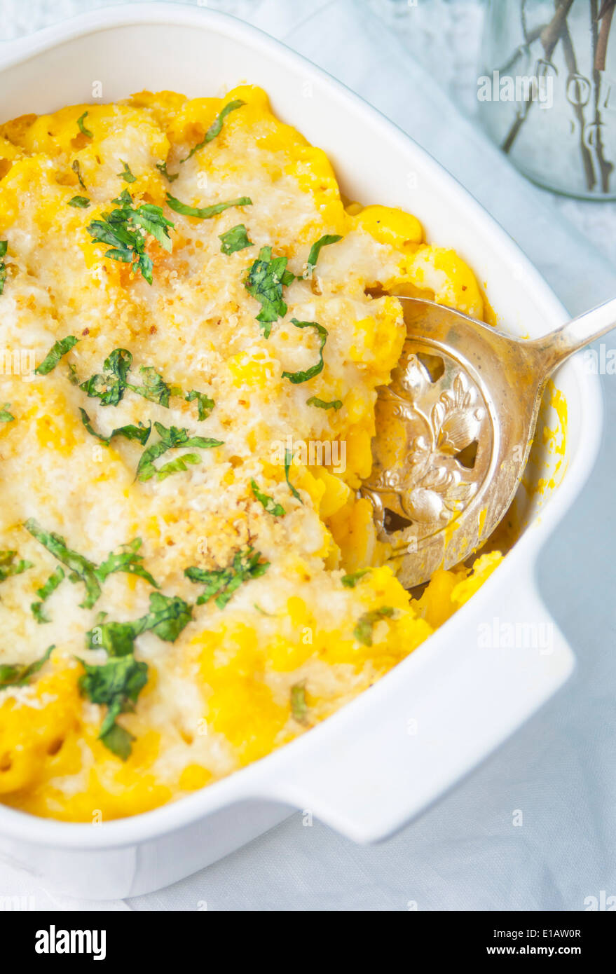 A Close Up of Baked Butternut Macaroni and Cheese Stock Photo