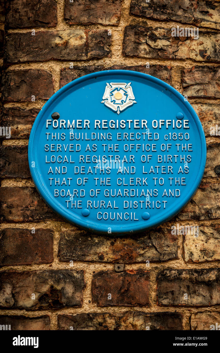 Former Register Office building, Thirsk, Blue Plaque Stock Photo