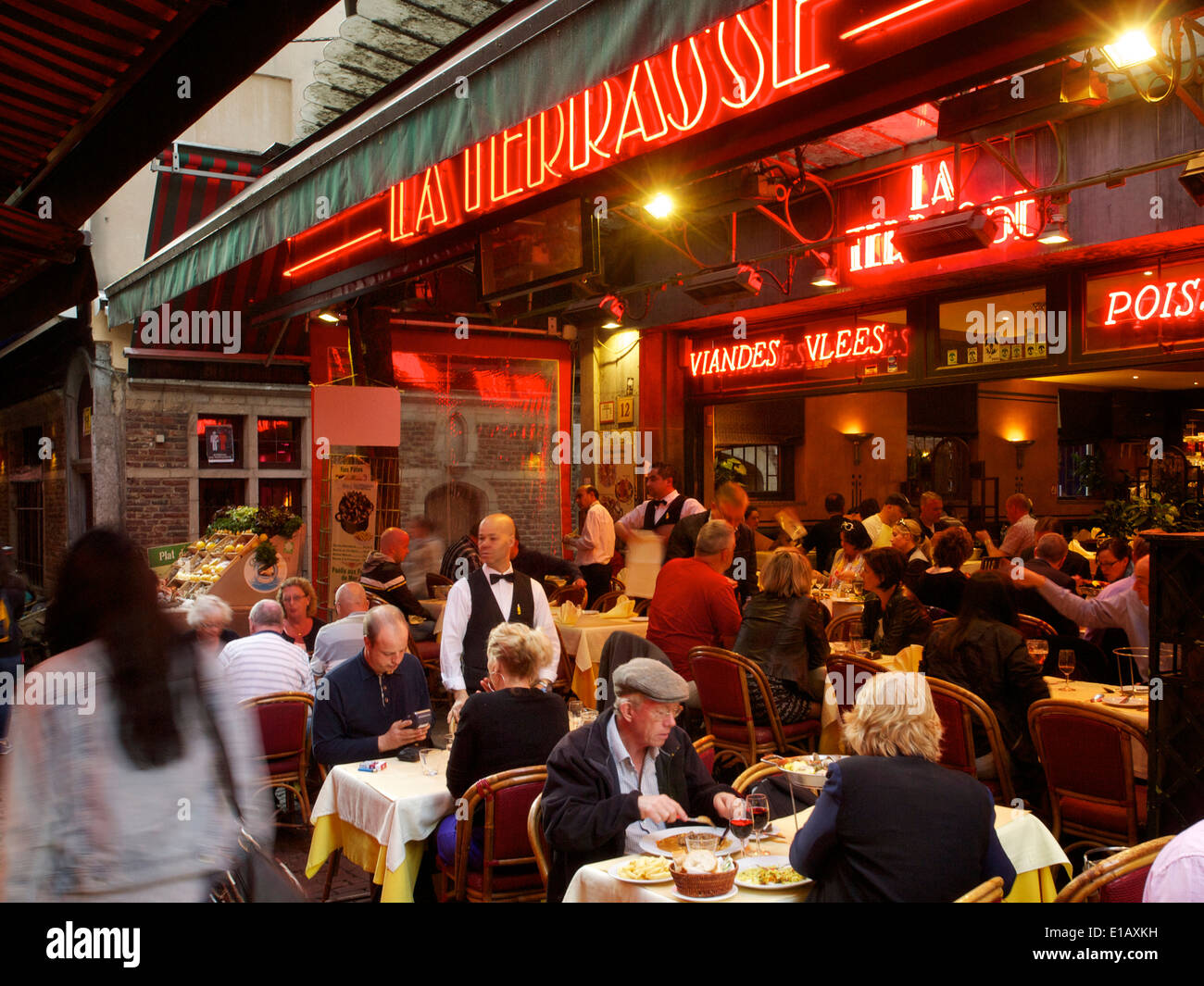 Restaurant la terrasse in the city center of Brussels, Belgium with many people Stock Photo