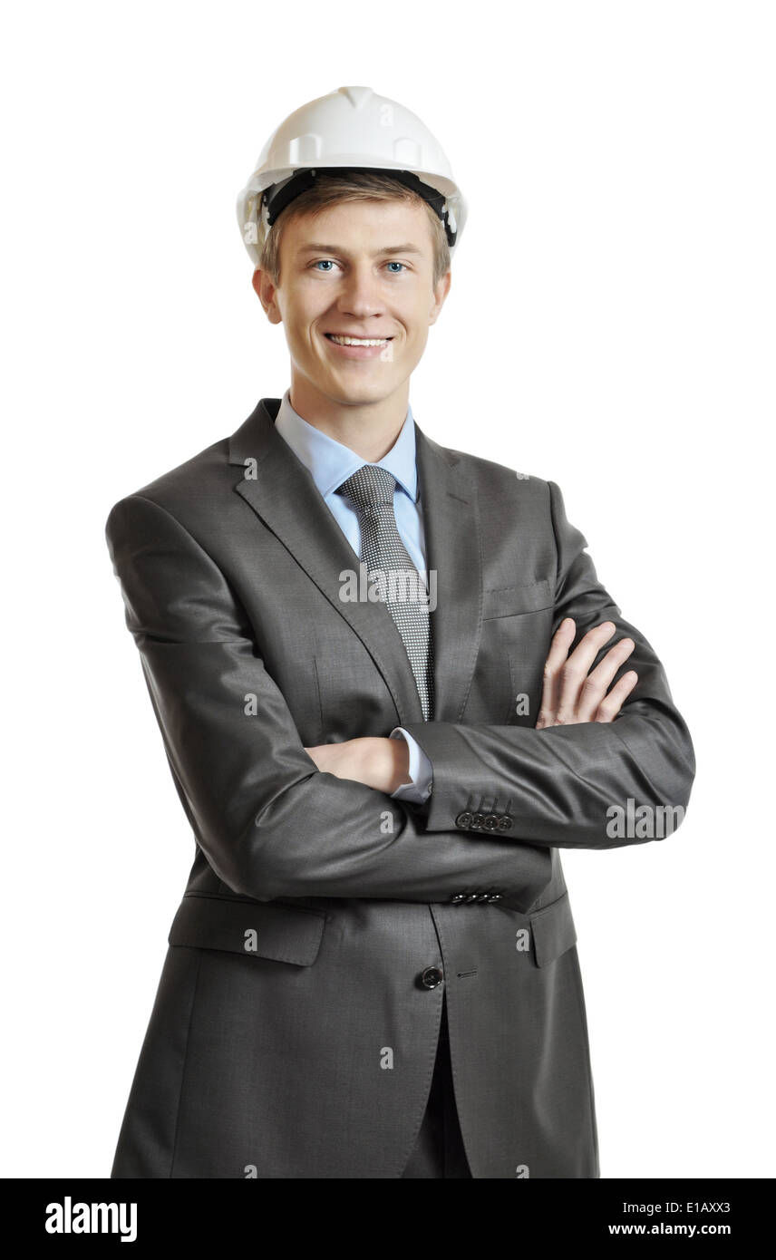 Portrait of an engineer in a suit and crash helmet Stock Photo