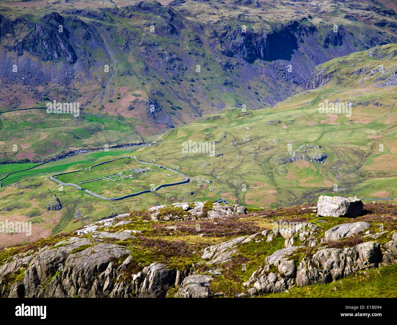 Hardknott Roman Fort in Eskdale viewed from the slopes of Harter Fell. Lake District National Park, UK,Cumbria Stock Photo