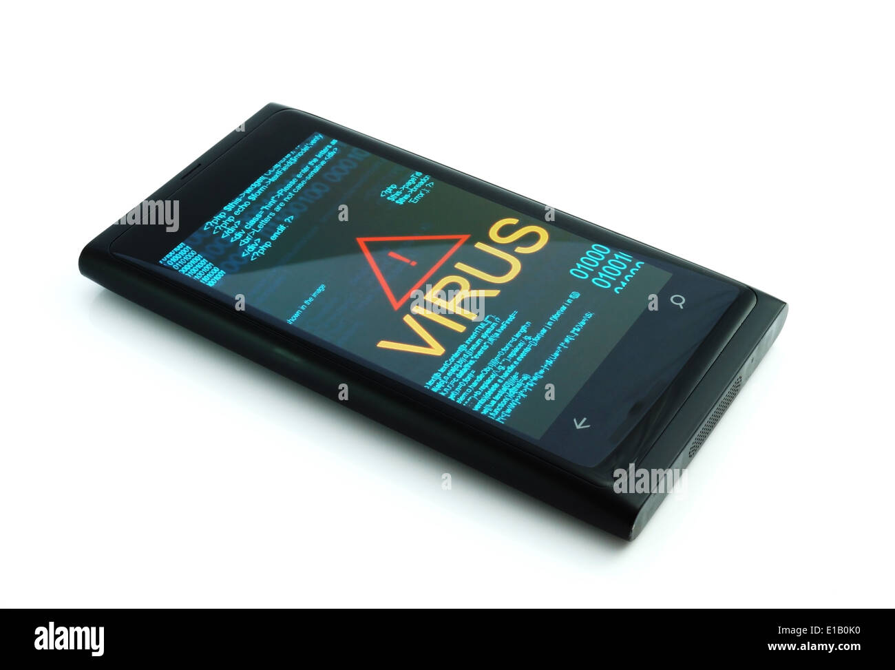 Smart phone with virus on white background Stock Photo