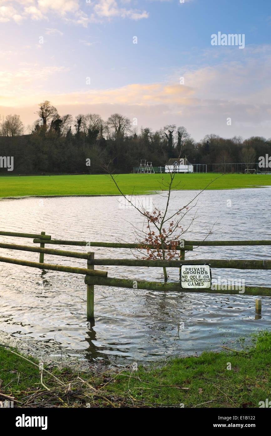 Flooded sports ground at Ross-On-Wye, Herefordshire. Stock Photo