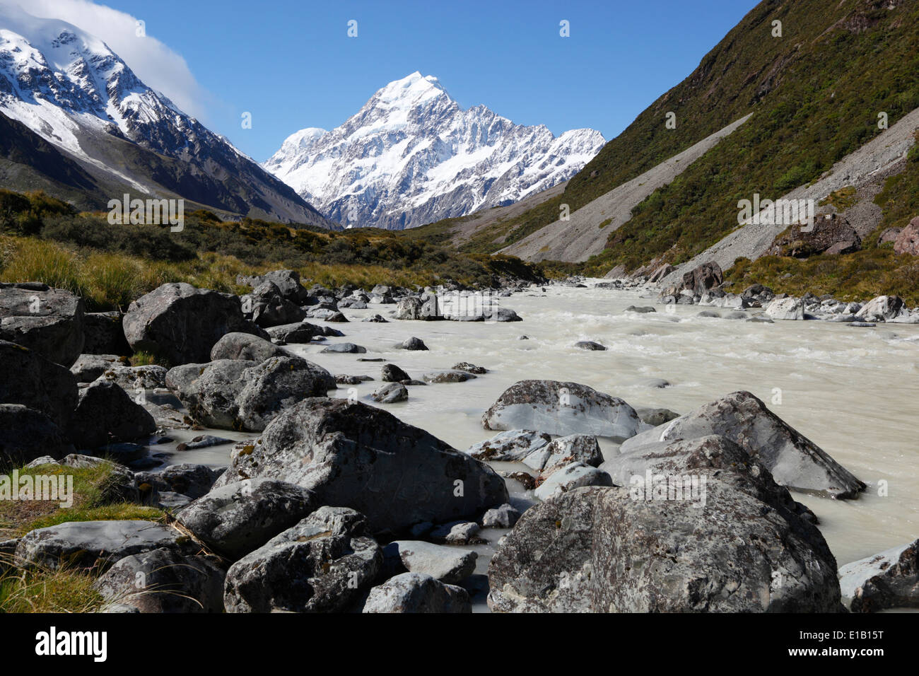 Hooker Valley and river with Mount Cook, Mount Cook National Park, Canterbury region, South Island, New Zealand, South Pacific Stock Photo