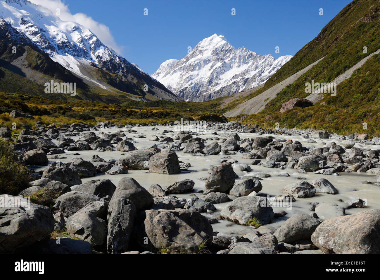 Hooker Valley and river with Mount Cook, Mount Cook National Park, Canterbury region, South Island, New Zealand, South Pacific Stock Photo