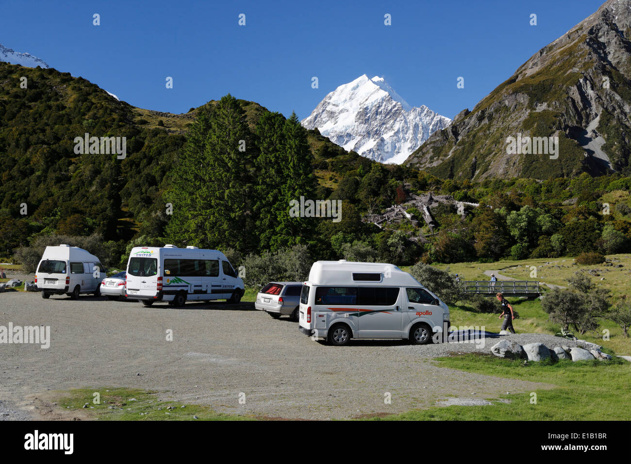 Camper vans parked below Mount Cook Stock Photo