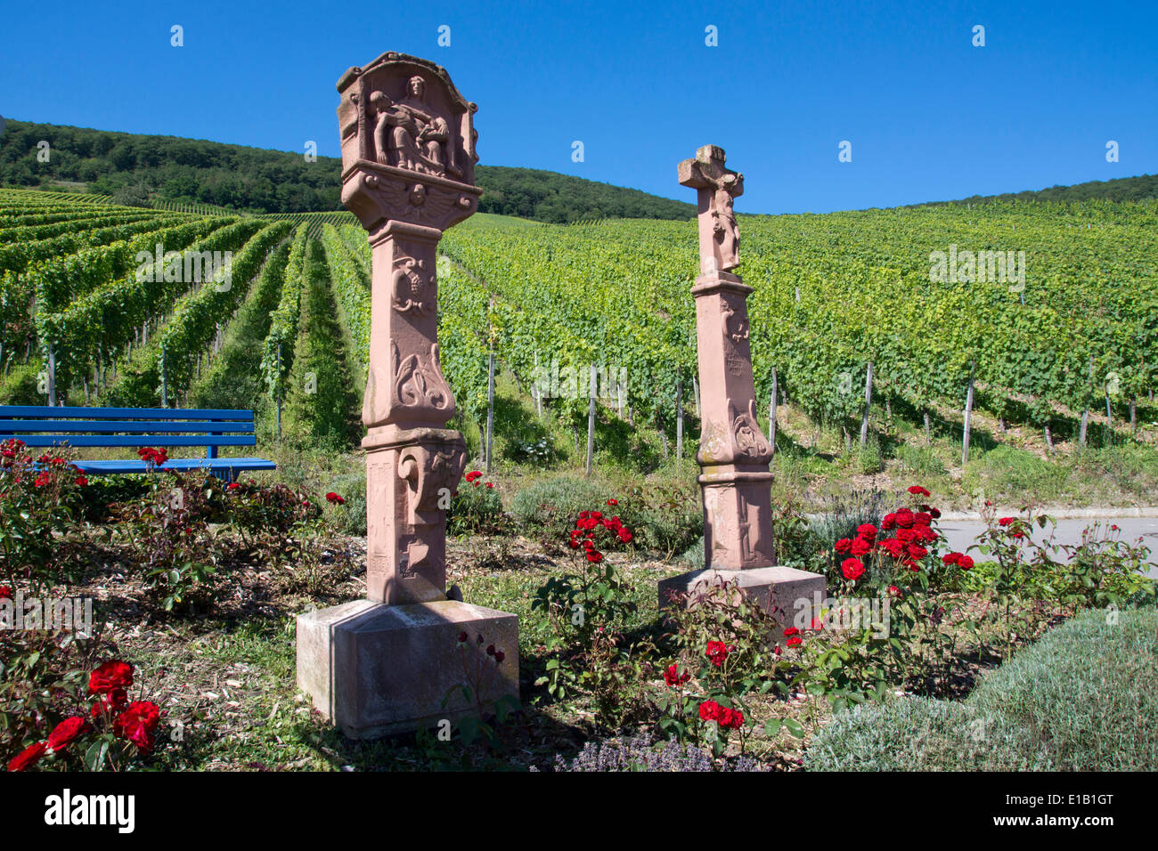 station of cross in a vineyard near piesport village at moselle river, rhineland-palatinate, germany, europe Stock Photo