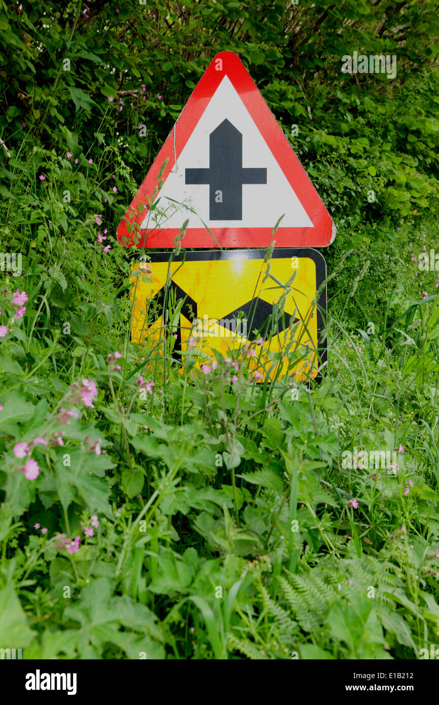 Road signs overgrown with weeds and grass beside a road in Cornwall, Stock Photo
