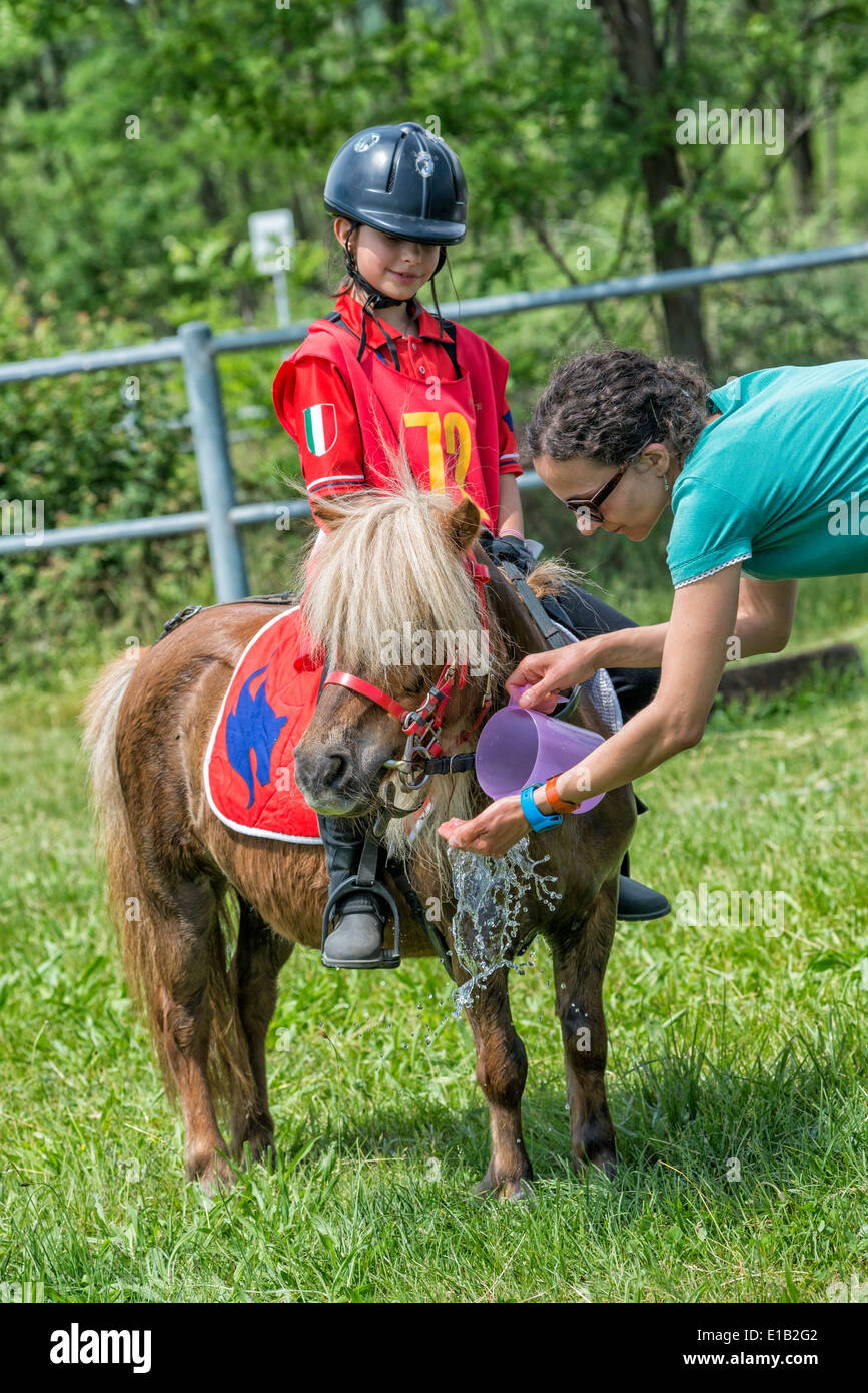 Little girl competing in a endurance competition for ponies Stock Photo